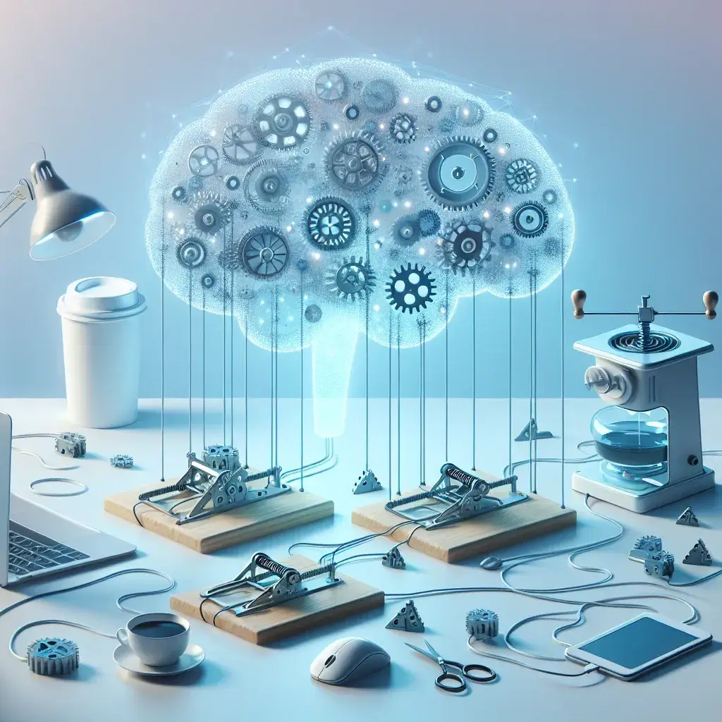 "Illustration of a person using a laptop to automate daily tasks with OpenAI API, featuring workflow charts and coding snippets for enhanced productivity."